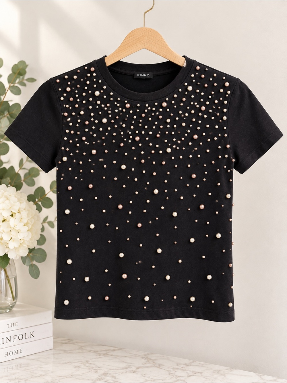 Pinko Black Short Sleeve Tee with Pearl & Rose Gold Studs